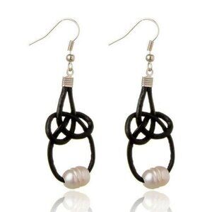 Hand Crafted Freshwater Pearl and Black Cowhide Leather Knotted Dangle Earrings